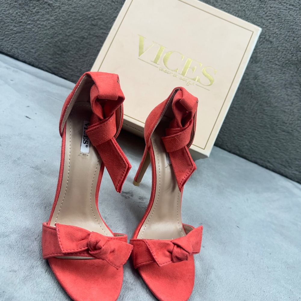 Vices Coral Pink Faux Suede Bow Stiletto Sandals‎ Ankle Tie Heels 1227-44-35
